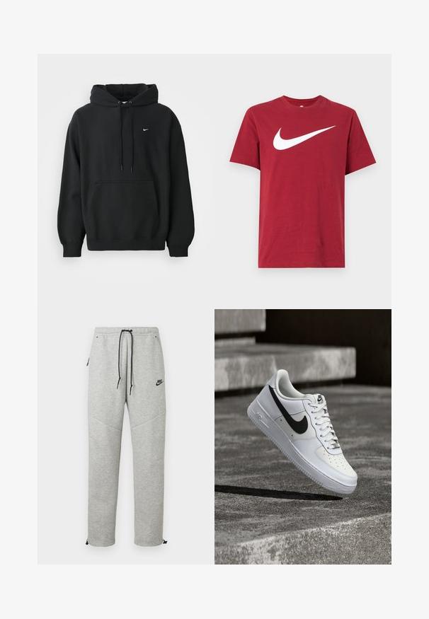 Sort Nike hoodie med frontlomme, snor i hætten, ribbede manchetter og lille hvid Nike swoosh-logo på brystet.; Rød bomulds T-shirt med korte ærmer og rund hals. Har en stor hvid Nike swoosh-logo foran. Glat tekstur, afslappet design.; Grå Nike sweatpants med snøre i taljen, sidelommer og elastiske manchetter. Har en glat overflade og kontrastfarvet sort logo-detalje.; Hvid Nike Air Force 1-sneaker med sort swoosh, snørebånd bundet, placeret i luften over tekstureret betonoverflade udendørs.