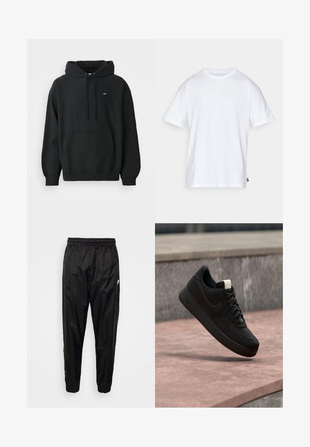 Sort Nike hoodie med frontlomme, snor i hætten, ribbede manchetter og lille hvid Nike swoosh-logo på brystet.; Hvid bomulds T-shirt med korte ærmer og rund hals. Har et lille, diskret Nike-logo på brystet og et sidelabel.; Sorte træningsbukser lavet af let, skinnende materiale med elastisk talje, tætsiddende pasform og med lynlåslommer. Har et logo som accent.; Sort Nike Air Force 1 sneaker, der svæver over en lyserød betonforkant med en grå stenet baggrund, som viser sidde- og topdetaljer.