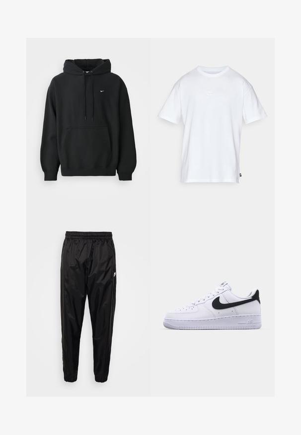Schwarzer Nike Hoodie mit frontale Taschen, Kordelzugkapuze, gerippten Bündchen und kleinem weißen Nike Swoosh-Logo auf der Brust.; Weißes Baumwoll-T-Shirt mit kurzen Ärmeln und Rundhalsausschnitt. Verfügt über ein kleines, dezentes Nike-Logo auf der Brust und ein seitliches Etikett.; Schwarze Jogginghose aus leichtem, glänzendem Material mit elastischem Bund, schmalem Schnitt und Reißverschlusstaschen. Mit einem Logoakzent.; Weißes Leder-Sneaker mit einem strukturierten schwarzen Swoosh, flachen Schnürsenkeln und einer Gummisohle mit genoppetem Muster. "AIR" ist auf der Ferse eingeprägt.
