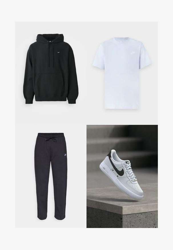 Čierna mikina Nike s predným vreckom, kapucňou so šnúrkou, patentnými manžetami a malým bielym logom Nike na hrudi.; Svetlomodré bavlnené tričko s krátkymi rukávmi, okrúhlym výstrihom a bielym logom Nike potlačeným na ľavej hrudi. Hladká textúra, jednoduchý dizajn.; Čierne tepláky vyrobené z mäkkej tkaniny s elastickým pásom, sťahovacou šnúrkou a malým logom Nike na ľavom stehne.; Biela teniska Nike Air Force 1 s čiernym logom Swoosh, vznášajúca sa nad betónovým okrajom s rozmazanými schodmi na pozadí.