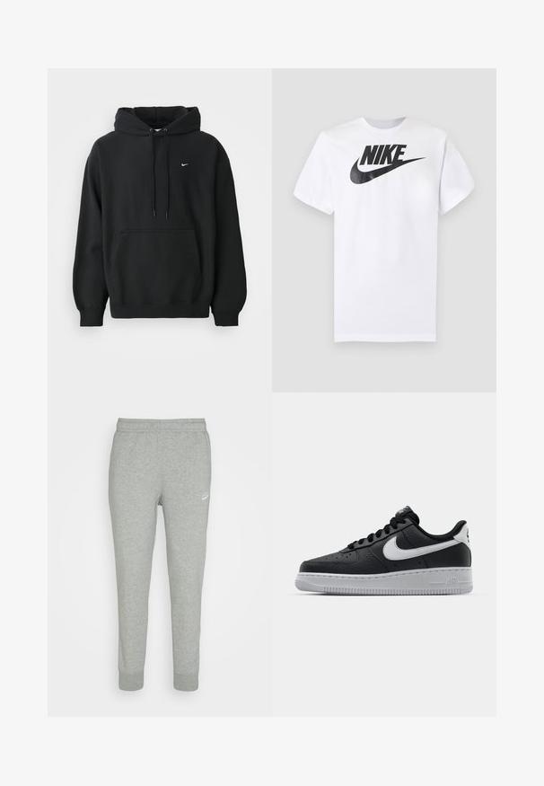 Sort Nike hoodie med frontlomme, snor i hætten, ribbede manchetter og lille hvid Nike swoosh-logo på brystet.; Hvid T-shirt med korte ærmer med sort Nike-logo og swoosh centreret på brystet mod en ensfarvet grå baggrund.; Grå sweatpants lavet af blødt stof, med tapered ben design, elastisk talje og lille hvid Nike-logo på venstre lår.; Sort lædersneaker med tekstureret overflade, hvid Nike swoosh, grå sål, rund tå og snørebåndsdesign. Har perforeringer på tåboksen.