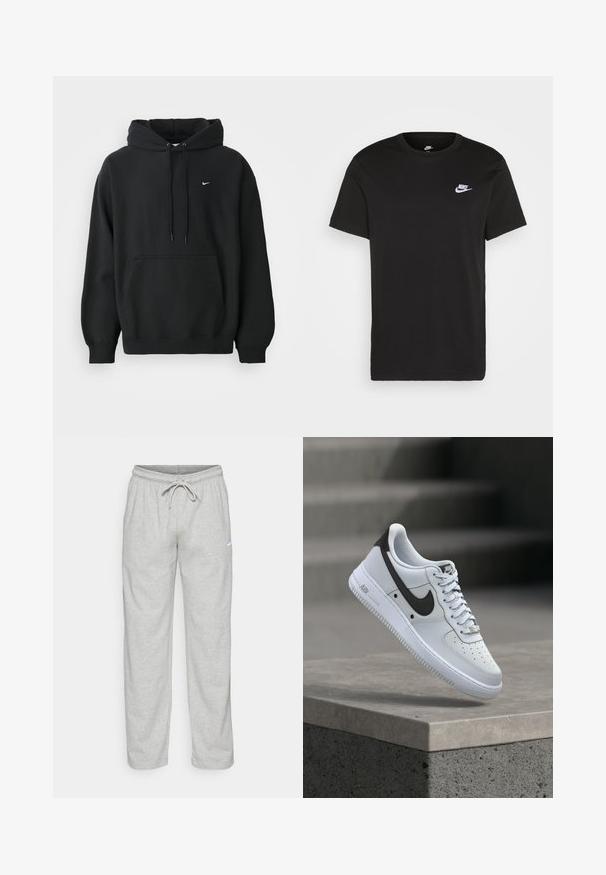 Čierna mikina Nike s predným vreckom, kapucňou so šnúrkou, patentnými manžetami a malým bielym logom Nike na hrudi.; Čierne bavlnené tričko s krátkymi rukávmi, okrúhlym výstrihom a malým bielym logom Nike na hornej ľavej strane hrudníka. Hladká textura. Klasický strih.; Svetlošedé teplákové nohavice vyrobené z jemného materiálu. Obsahujú elastický pás na šnurovanie a čierne logo Nike na ľavom stehne.; Biela teniska Nike Air Force 1 s čiernym logom Swoosh, vznášajúca sa nad betónovým okrajom s rozmazanými schodmi na pozadí.