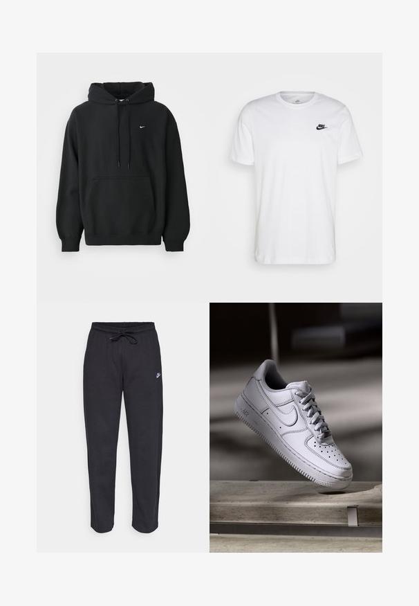 Sort Nike hoodie med frontlomme, snor i hætten, ribbede manchetter og lille hvid Nike swoosh-logo på brystet.; Hvid bomulds T-shirt med rund hals, korte ærmer og et sort Nike-logo på venstre bryst. Enkel, ensfarvet design.; Sorte sweatpants lavet af blødt stof med elastisk talje, snøre og et lille Nike-logo på venstre lår.; Hvid læder Nike Air Force 1 sneaker med perforeret tå, flade snørebånd og tekstureret gummisål med "AIR" branding på siden.