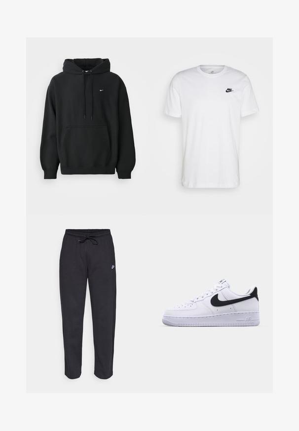 Schwarzer Nike Hoodie mit frontale Taschen, Kordelzugkapuze, gerippten Bündchen und kleinem weißen Nike Swoosh-Logo auf der Brust.; Weißes Baumwoll-T-Shirt mit Rundhalsausschnitt, kurzen Ärmeln und einem schwarzen Nike-Logo auf der linken Brust. Einfaches, einfarbiges Design.; Schwarze Sweatpants aus weichem Stoff mit elastischem Bund, Kordelzug und kleinem Nike-Logo auf dem linken Oberschenkel.; Weißes Leder-Sneaker mit einem strukturierten schwarzen Swoosh, flachen Schnürsenkeln und einer Gummisohle mit genoppetem Muster. "AIR" ist auf der Ferse eingeprägt.