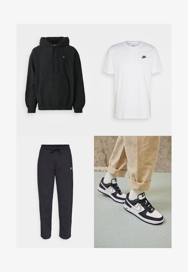 Sort Nike hoodie med frontlomme, snor i hætten, ribbede manchetter og lille hvid Nike swoosh-logo på brystet.; Hvid bomulds T-shirt med rund hals, korte ærmer og et sort Nike-logo på venstre bryst. Enkel, ensfarvet design.; Sorte sweatpants lavet af blødt stof med elastisk talje, snøre og et lille Nike-logo på venstre lår.; Sorte og hvide Nike Air Force 1 sneakers med læderoverdel, perforeret tå og tekstureret såldetalje, båret med rullede beige bukser og hvide sokker.