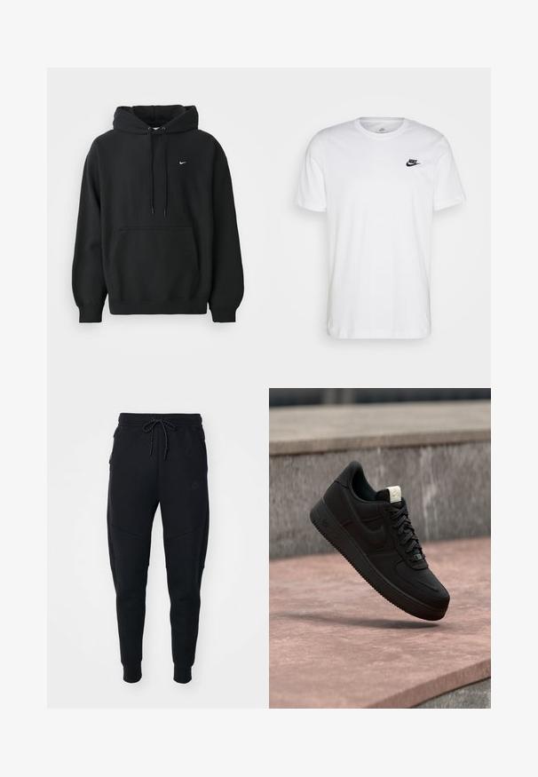 Zwarte Nike hoodie met een voorzak, een capuchon met trekkoord, ribgebreide manchetten en een klein wit Nike swoosh-logo op de borst.; Witte katoenen t-shirt met ronde hals, korte mouwen en een zwart Nike-logo op de linkerkant van de borst. Eenvoudig, effen kleur ontwerp.; Zwarte joggers van zacht materiaal, met een trekkoord in de taille, taps toegestopte pijpen en zijzakken met een strakke uitstraling.; Zwarte Nike Air Force 1 sneaker die boven een roze betonnen richel zweeft met een grijze stenen achtergrond, met zij- en bovenzijde details.