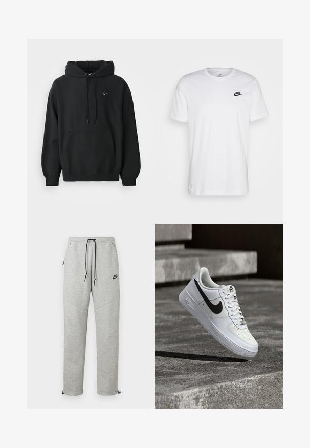 Čierna mikina Nike s predným vreckom, kapucňou so šnúrkou, patentnými manžetami a malým bielym logom Nike na hrudi.; Biela bavlnená tričko s okrúhlym výstrihom, krátkymi rukávmi a čiernym logom Nike na ľavej hrudi. Jednoduchý, jednofarebný dizajn.; Šedé Nike tepláky so sťahovacím pásom, bočnými vreckami a elastickými manžetami. Majú hladkú textúru a kontrastný čierny logotyp.; Biela teniska Nike Air Force 1 s čiernym logom swoosh, zaviazanými šnúrkami, umiestnená vo vzduchu nad textúrovaným betónovým povrchom vonku.