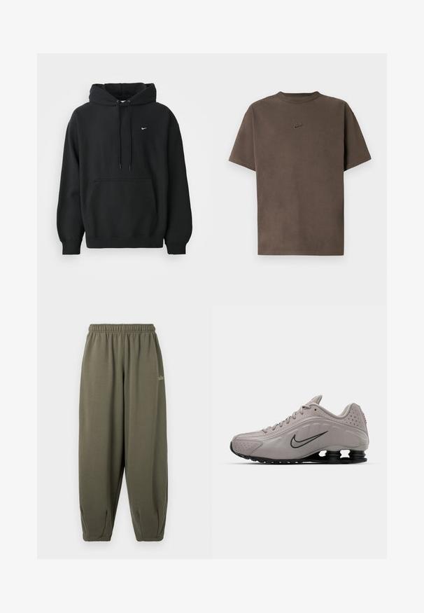 Schwarzer Nike Hoodie mit frontale Taschen, Kordelzugkapuze, gerippten Bündchen und kleinem weißen Nike Swoosh-Logo auf der Brust.; Braunes Nike-T-Shirt mit kurzen Ärmeln, Rundhalsausschnitt und kleinem, gesticktem Logo mittig auf der Brust vor weißem Hintergrund.; Graugrüne Jogginghose mit elastischem Bund und Bündchen. Minimalistische Markenkennzeichnung in passendem Garn an der Seite. Weicher Stoff.; Helle graue Sportschuhe mit einem geformten Obermaterial, strukturierten Akzenten, schwarzer Sohle und einem auffälligen Nike-Swoosh in Dunkelgrau. Verfügt über Perforationen.