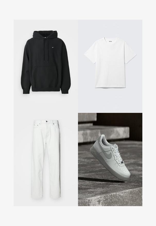 Sort Nike hoodie med frontlomme, snor i hætten, ribbede manchetter og lille hvid Nike swoosh-logo på brystet.; Hvid kortærmet crewneck T-shirt lagt fladt ud, ensfarvet design, med "WEEKDAY" mærkat inde i kraven på en lys baggrund.; Hvide denimbukser med lige pasform, fem-lomme design, knaplukning og subtile syninger. Glat tekstur og minimalistisk stil.; Hvid Nike Air Force 1 sneaker, der svæver over en tekstureret betongulv med stenetrin i baggrunden.