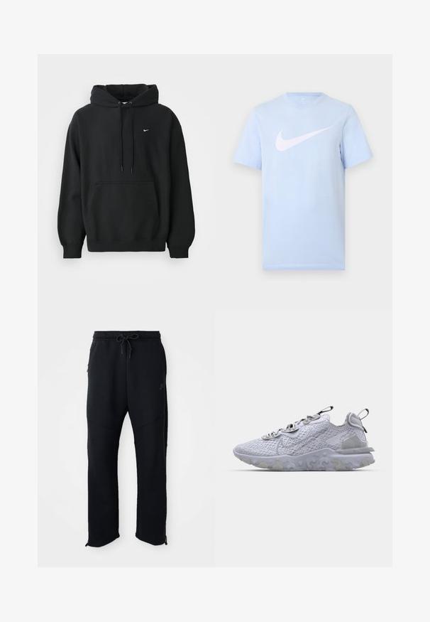 Sort Nike hoodie med frontlomme, snor i hætten, ribbede manchetter og lille hvid Nike swoosh-logo på brystet.; Lyseblå T-shirt med korte ærmer og en stor hvid Nike swoosh-logo midt på forsiden mod en ensfarvet baggrund.; Sorte træningsbukser med elastisk linning og snoretræk, har sidelommer, smalle ben og lynlåse ved anklerne. Glat tekstur.; Lys grå sportsko med en åndbar mesh-overdel, tekstureret gummisål og reflekterende accenter. Har en polstret krave og snørredesign.