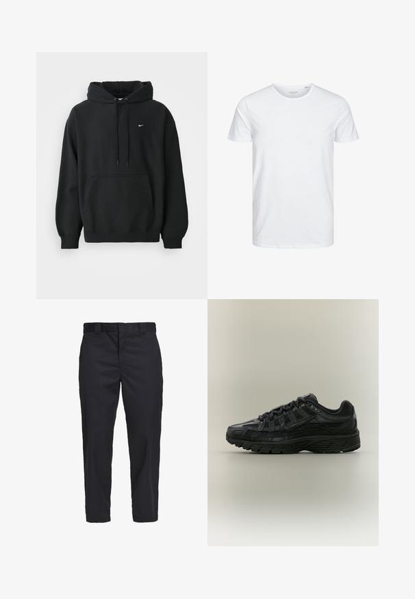 Sort Nike hoodie med frontlomme, snor i hætten, ribbede manchetter og lille hvid Nike swoosh-logo på brystet.; Rundhals kortærmet t-shirt i ensfarvet hvid, lavet af blød bomuld, har et simpelt design uden synlige mønstre eller detaljer.; Sorte chinos lavet af letvægts bomuldsstof, med lige ben, sidelommer og en knaplukning i taljen.; Sort Nike løbesko med mesh og syntetisk overdel, snørelukning og tekstureret sål, vist fra venstre side på en ensfarvet baggrund.