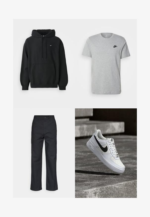 Zwarte Nike hoodie met een voorzak, een capuchon met trekkoord, ribgebreide manchetten en een klein wit Nike swoosh-logo op de borst.; Grijze T-shirt met korte mouwen van katoen, voorzien van een zwart Nike-logo op de borst en een ronde halslijn. Minimalistisch ontwerp zonder patronen.; Zwarte cargobroek met een rechte pijpdesign, voorzien van zijzakken en een geweven stof. Knopsluiting in de taille voor een veilige pasvorm.; Witte Nike Air Force 1 sneaker met zwarte swoosh, veters gestrikt, zwevend in de lucht boven een gestructureerd betonnen oppervlak buiten.