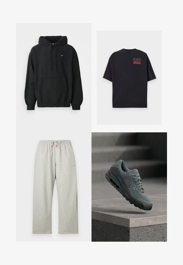 Schwarzer Nike Hoodie mit frontale Taschen, Kordelzugkapuze, gerippten Bündchen und kleinem weißen Nike Swoosh-Logo auf der Brust.; Schwarzes T-Shirt mit kurzen Ärmeln mit „AIR“ in Weiß, rotem Jumpman-Logo und rotem „JORDAN“-Schriftzug auf der oberen linken Brustseite.; Hellgraue, locker sitzende Jogginghose mit elastischem Bund und weißem Kordelzug mit roten Enden, mit kleinem rotem Logo am oberen Oberschenkel.; Grauer Nike Air Max Sneaker mit Mesh- und Lederanteilen, blauer "Air Max" Schriftzug, schwebend über einer Betonfläche mit Treppen im Hintergrund dargestellt.