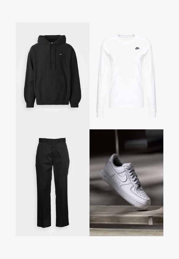 Μαύρη φούτερ Nike με μπροστινή τσέπη, κουκούλα με κορδόνι, ριχτές μανσέτες και μικρό λευκό λογότυπο Nike στο στήθος.; Λευκό μπλουζάκι με μακριά μανίκια από βαμβάκι, με ένα μικρό μαύρο λογότυπο Nike στην αριστερή πλευρά του στήθους και στρογγυλή λαιμόκοψη. Λείος υφή.; Μαύρο παντελόνι φτιαγμένο από λεία ύλη, με σχέδιο ίσιου ποδιού, βρόχους ζώνης και δύο πλαϊνές τσέπες. Κλασική εμφάνιση χωρίς στολίδια.; Λευκό δερμάτινο αθλητικό παπούτσι Nike Air Force 1 με διάτρητο μπροστινό μέρος, επίπεδα κορδόνια και υφή στην καουτσούκ σόλα με το λογότυπο "AIR" στην πλευρά.