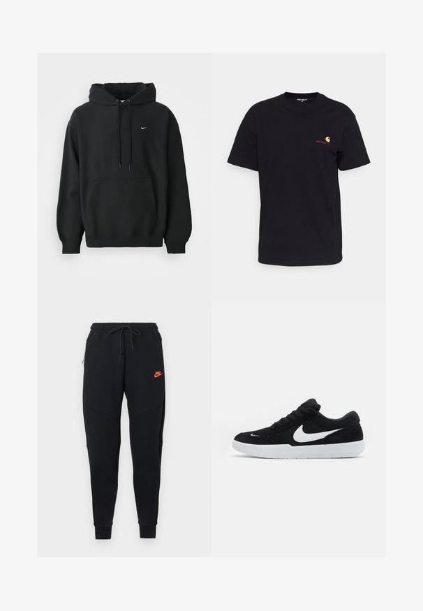 Sort Nike hoodie med frontlomme, snor i hætten, ribbede manchetter og lille hvid Nike swoosh-logo på brystet.; Sort bomulds T-shirt med korte ærmer, rund hals og lille farverigt logo på venstre bryst. Klassisk snit med en glat tekstur.; Sorte sweatpants med tilspidset ben, snøre i taljen og orange Nike-logo på øvre lår mod en hvid baggrund.; Sorte ruskindssneakers med hvide accenter, der har en rund tå, tyk hvid sål og sorte snørebånd. Fremtrædende hvidt Nike-logo på siden.