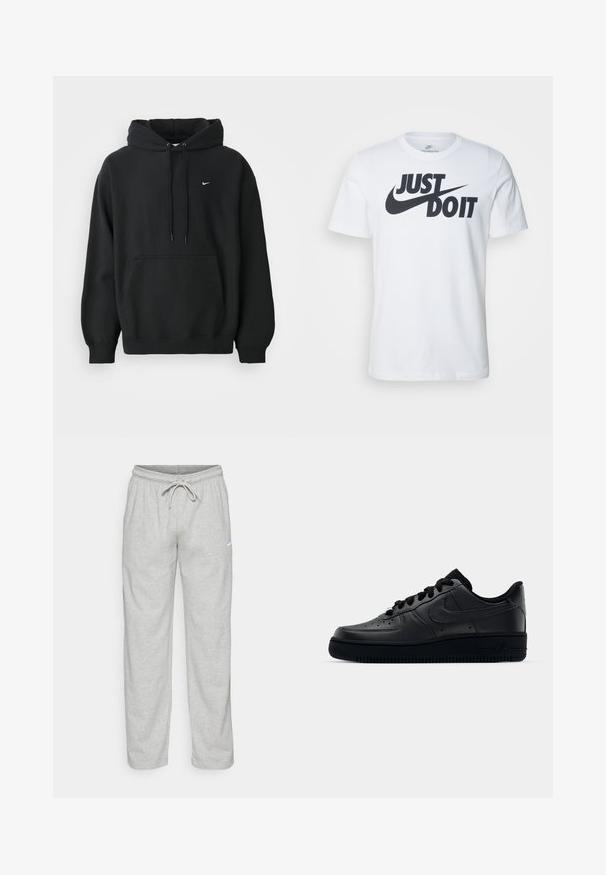 Sort Nike hoodie med frontlomme, snor i hætten, ribbede manchetter og lille hvid Nike swoosh-logo på brystet.; Hvid bomulds T-shirt med et fremtrædende sort "Just Do It" logo og Nike swoosh. Klassisk crew neck design med korte ærmer.; Lys grå sweatpants lavet af blødt stof. Har en elastisk talje med snøre og Nike-logo i sort på venstre lår.; Sort Nike Air Force 1 sneaker med en glat læderoverdel, perforeret tå for åndbarhed, sorte snørebånd og en textured gummisål.