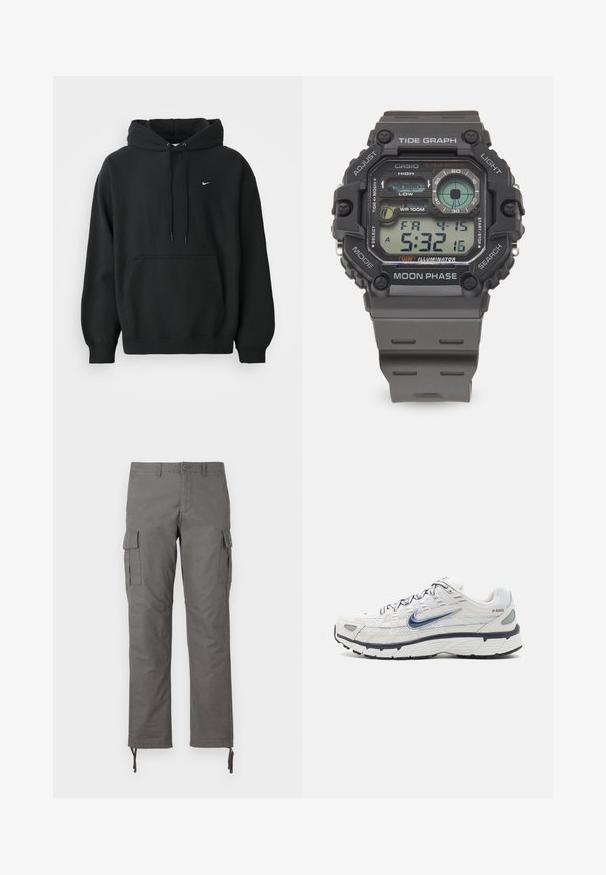 Zwarte Nike hoodie met een voorzak, een capuchon met trekkoord, ribgebreide manchetten en een klein wit Nike swoosh-logo op de borst.; Grijze cargobroek met een rechte pijp, meerdere zijzakken en verstelbare togglesluitingen bij de enkels. Gemaakt van duurzaam materiaal.; Nike Sportswear P 6000 UNISEX - Sneakers laag - phantom/obsidian/summit white/white/black/metallic silver; Digitale Casio-horloge met een zwarte resin band, rechthoekige kast, getijdenweergave, maanfaseweergave en waterbestendig tot 100 meter.