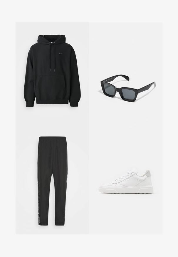 Musta Nike huppari, jossa on edessä tasku, naruhuppu, ribbireunat käsivarsissa ja pieni valkoinen Nike-swoosh-logo rinnassa.; Mustat urheiluhousut, joissa on elastinen vyötärönauha, kapenevat lahkeet ja kontrastiväriset sivuvarastot, joissa on graafinen kuvio. Sileä pinta, kevyttä kangasta.; Valkoiset nahkakengät, joissa on sileä pinta, pyöreä kärki, litteät nauhat ja teksturoitu pohja. Harmaa mokkanahka korostaa kantapäätä.; Musta suorakulmainen aurinkolasi tummilla linsseillä. Muovikehys kiiltävällä pinnalla, leveällä siltalla ja hieman kapenevilla jaloilla.