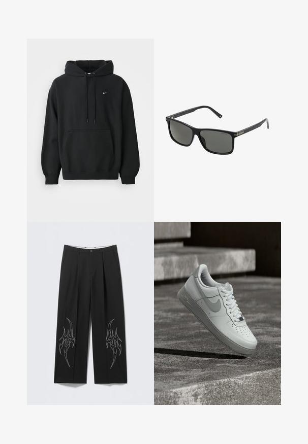 Musta Nike huppari, jossa on edessä tasku, naruhuppu, ribbireunat käsivarsissa ja pieni valkoinen Nike-swoosh-logo rinnassa.; Mustat räätälöidyt leveälahkeiset housut, joissa on hopeinen liekkikirjailu lahkeiden alaosassa, tasainen etuosa ja laskoskuosi.; Valkoinen Nike Air Force 1 -tennari leijuu teksturoidun betonipinnan yläpuolella, taustalla kivisiä portaita.; Mustat muoviset aurinkolasit suorakulmaisilla linsseillä, polarisoidut linssit ja metalliset yksityiskohdat kehysrakenteessa lisääntyneen kestävyyden takaamiseksi.