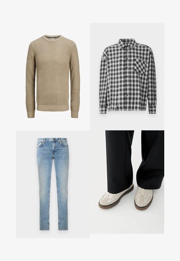 Beige langærmet strikket sweater med tekstureret vaffelmønster, rund halsudskæring samt ribstrikkede manchetter og kant.; Sorte og hvide ternede langærmede skjorte i blødt stof, med knaplukning foran og brystlomme. Krave-design med afslappet pasform.; Lyseblå denimjeans med lige ben, der har en falmet finish, forlommer og kontrasterende syninger. Rene kanter ved kanten.; Fødder iført beige sneakers med brune såler og sorte bukser med vide ben på hvid baggrund.
