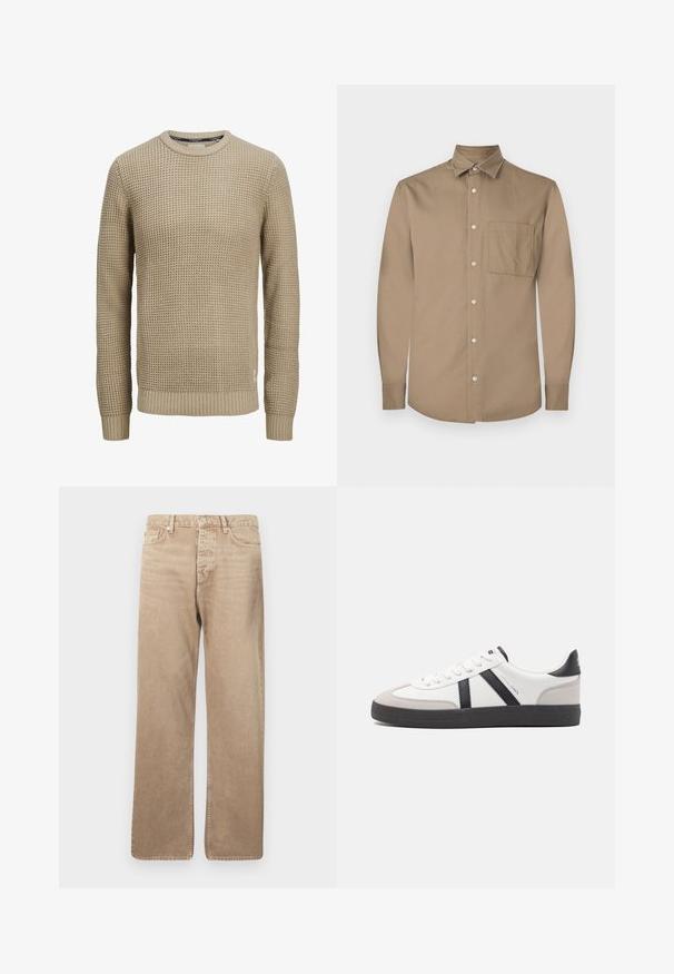 Beige gebreide trui met lange mouwen en een textuur van wafelpatroon, ronde halslijn en geribbelde manchetten en zoom.; Bruine langesleeve shirt met knopen aan de voorkant, spitse kraag, enkele borstzak en een gladde, matte stofstructuur.; Beige denim jeans met een rechte pasvorm, voorzien van vijf zakken, een knoopsluiting en contrasterende stiksels. Veneuze textuur en minimale slijtage.; Witte sneaker met zwarte en grijze accenten, voorzien van een grijze neus met textuur, zwarte rubberen zool en platte witte veters. Schoon ontwerp, minimalistische stijl.