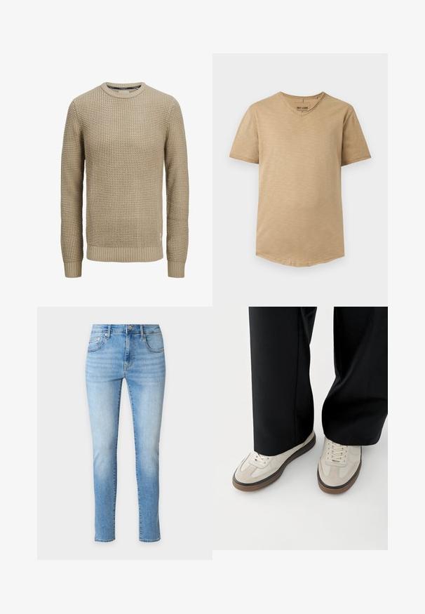 Jersey beige de punto de manga larga con patrón texturizado tipo gofre, cuello redondo y puños y dobladillo acanalados.; Camiseta beige para hombre de manga corta y escote en V, con corte ajustado y textura sutil, presentada estirada sobre un fondo blanco.; Vaqueros ajustados de color azul claro con bolsillos delanteros y traseros, cierre de botón y un sutil desgaste en los muslos y las rodillas.; Pies con zapatillas beige con suelas marrones y pantalones negros de pierna ancha sobre un fondo blanco.