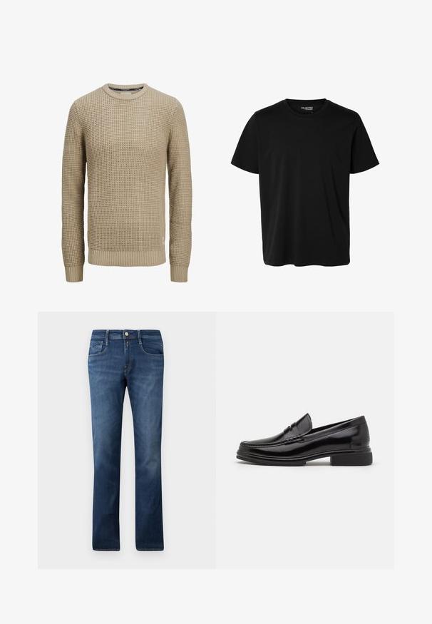 Beige langærmet strikket sweater med tekstureret vaffelmønster, rund halsudskæring samt ribstrikkede manchetter og kant.; Ensfarvet sort t-shirt med korte ærmer og rund hals, herrepasform, uden synlige mønstre eller logoer foran.; Blå denimjeans med lige bendesign, der har forlommer, lynlås og knaplukning. Mellem vask med subtile falmede områder.; Sorte læder loafers med en rund tå, der har en syet detalje over vristen og en lav blokhæl. Glat tekstur og blank finish.