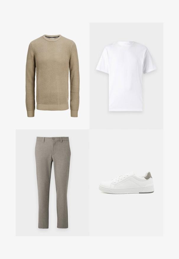 Beige langærmet strikket sweater med tekstureret vaffelmønster, rund halsudskæring samt ribstrikkede manchetter og kant.; Hvid kortærmet t-shirt lavet af bomuld med rund hals, der har en glat tekstur og et simpelt design uden mønstre eller accenter.; Slanke grå bukser med knap- og lynlåslukning, bæltestropper og sidelommer, præsenteret på en hvid baggrund.; Hvid sneaker lavet af glat læder, rund tå, minimalistisk design, grå hælafsats og tekstureret gummisål.