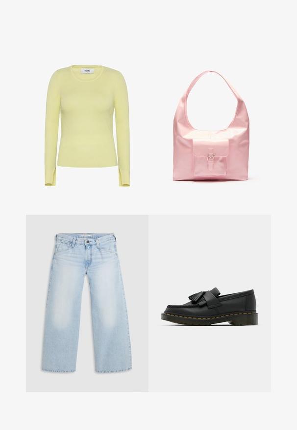 Ribbet langærmet sweater i lys gul med rund hals og slidser i siden ved kanten. Lavet af et strækbart, tekstureret stof.; Lyseblå vid nederdel jeans lavet af denim. Har lige snit, fem lommers design og knaplukning i taljen.; Sorte læder loafers med rund tå, der har frynse detaljer og et dekorativt bånd på tværs af fronten, sat på en kraftig hæl.; Lyserød håndtaske med en blank finish, stor skulderrem, forlommer med dekorativ spænde detalje. Glat tekstur, minimalistisk design.