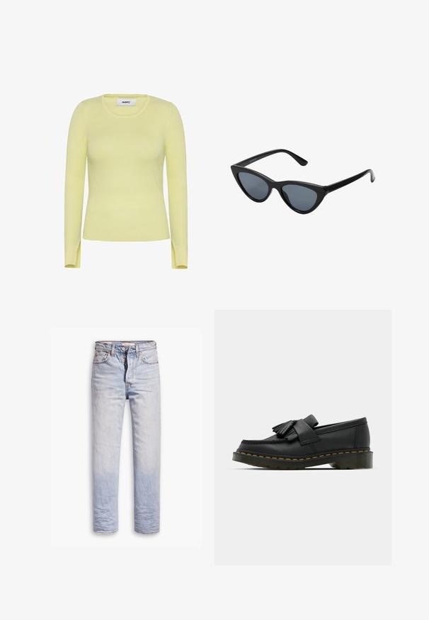 Ribbet langærmet sweater i lys gul med rund hals og slidser i siden ved kanten. Lavet af et strækbart, tekstureret stof.; Lyseblå denimjeans med lige ben, der har en knaplukning, fem lommer og en diskret falmning langs benene.; Sorte læder loafers med rund tå, der har frynse detaljer og et dekorativt bånd på tværs af fronten, sat på en kraftig hæl.; Sorte katteøje solbriller med mørkegrå linser, slankt plastisk stel, spidse hjørner og lige stænger. Ingen synlig hardware eller dekorationer.