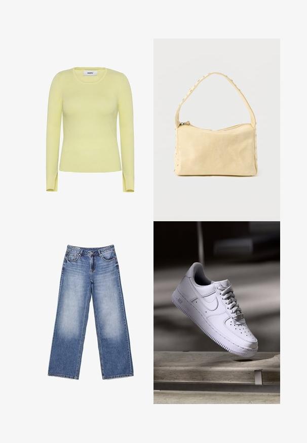 Pull en maille côtelée à manches longues de couleur jaune pâle, avec un col rond et des fentes sur les côtés à l'ourlet. Fabriqué en tissu extensible et texturé.; Jeans en denim bleu clair à jambes larges avec poches avant, passants pour ceinture, fermeture par bouton et légère décoloration sur les cuisses avant.; Baskets Nike Air Force 1 blanches lévitant au-dessus d'une surface en béton avec des ombres dans un cadre minimaliste.; Petit sac à main en cuir beige avec une seule bandoulière et des clous argentés le long des bords et de la bandoulière, posé sur un fond uni.