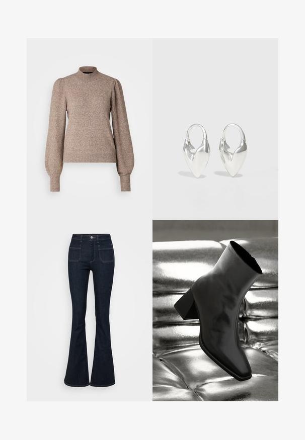 Strikpullover i lysebrun, med høj hals, puffede lange ærmer og ribbestrikkede mansjetter og kant. Blødt, tekstureret stof.; Mørkeblå flagrende jeans lavet af denim, med høj talje, fem lommer og kontrastsyninger langs sømmene. Glat tekstur.; Sorte ankelstøvler lavet af glossy materiale med firkantet tå og spidse hæle, sat mod en skinnende sølv tuftet baggrund.; Otiumberg ROSCIDA HEART HOOPS - Øreringe - silver-coloured