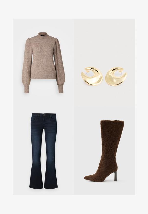 Strikpullover i lysebrun, med høj hals, puffede lange ærmer og ribbestrikkede mansjetter og kant. Blødt, tekstureret stof.; Mørkeblå dame bootcut jeans med knap foran, fem-lomme design og let udtoning på lår og knæ mod en ensfarvet baggrund.; Brun støvle med hæl i et tekstureret, blødt materiale. Har spids tå og en smal, firkantet hæl. Vertikalt design med høj skaft.; Et par skinnende guld halvmåneformede studøreringe med klare plastikbagstykker på en lys grå overflade.