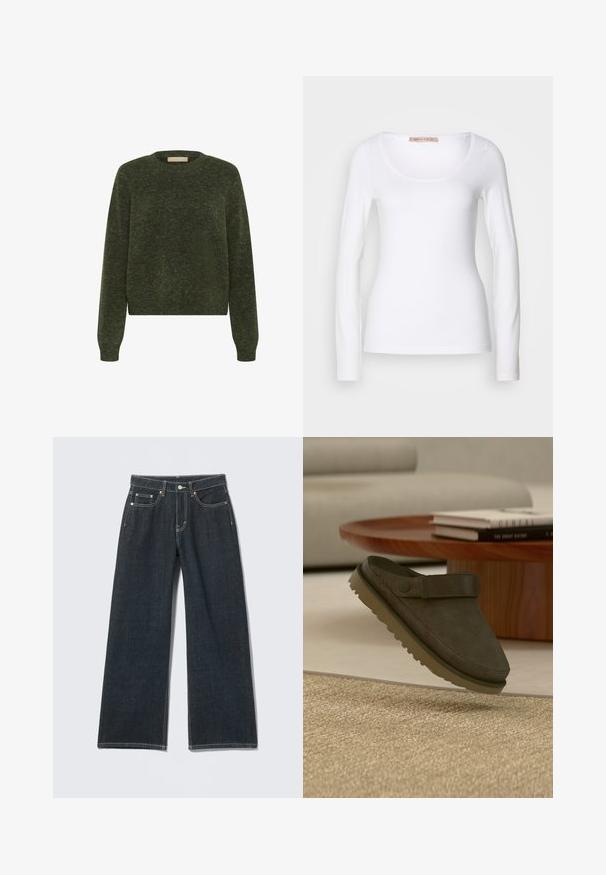 Grøn strikket sweater med lange ærmer, rund halsudskæring og en cropped design. Teksturen virker blød og har et subtilt meleret mønster.; Langærmet hvid bomulds T-shirt med rund halsudskæring og tætsiddende design, med glat tekstur og uden udsmykninger.; Mørkeblå jeans med vide ben, foran med knapper, lynlås, bæltestropper og fem-lomme detalje på en ensfarvet lys baggrund.; Mørkegrøn ruskind slip-on sko med en tekstureret overdel og en rem over vristen, udstyret med en gummisål med multidirektionelt mønster.