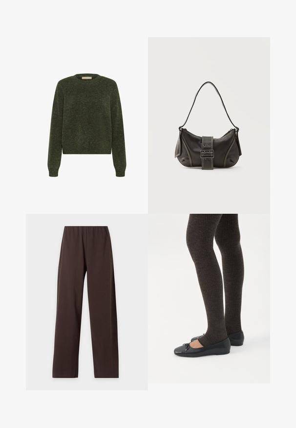 Grøn strikket sweater med lange ærmer, rund halsudskæring og en cropped design. Teksturen virker blød og har et subtilt meleret mønster.; Brune bukser med brede ben og elastisk linning, lavet af tekstureret stof, vist fladt på en hvid baggrund.; Ben iført mørke ribbede leggings kombineret med sorte balletsko med små sløjfedetaljer på hvid baggrund.; Sort læder skuldertaske med spænde på remmen, afrundede kanter og kontrasterende hvide syninger på en ensfarvet baggrund.