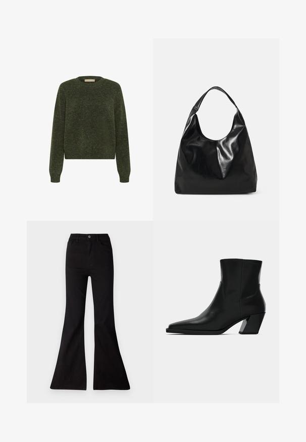 Pull en tricot vert à manches longues, encolure ronde et design court. La texture semble douce et présente un motif chiné subtil.; Jean noir évasé en denim, avec taille haute, poches avant et large ouverture au niveau des ourlets pour une silhouette à jambes larges.; Bottine en cuir noir avec un bout pointu, une silhouette élégante et un talon carré massif. Texture lisse avec des détails de couture minimalistes.; Sac hobo en cuir noir avec une texture douce et brillante et un haut ouvert arrondi. Dispose d'une large sangle courbée pour le transport. Pas de matériel visible.