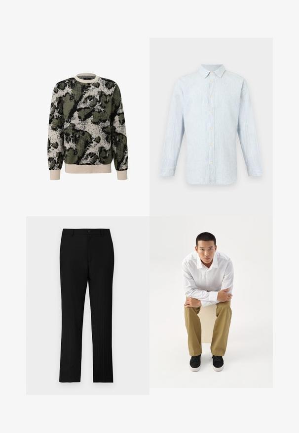Sudadera de cuello redondo con un patrón de camuflaje abstracto en verde, negro y beige, que presenta puños y dobladillo acanalados.; Camisa de manga larga con botones, rayas verticales en azul claro y blanco, con cuello y puños abotonados.; Pantalones negros de corte recto y entallados, con rayas sutiles y un cierre de botón estándar en la cintura.; Joven con camisa blanca de rayas y pantalones caqui sentado hacia adelante en un taburete con los brazos cruzados, mirando directamente hacia adelante sobre un fondo blanco.
