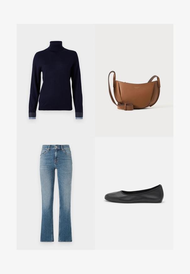 Marineblauwe coltrui van een zachte stof, met lange mouwen en denimachtige accenten bij de manchetten, met een getailleerd ontwerp.; Lichtblauwe denim flared jeans met een middelhoge taille, vijf-pocket ontwerp en contrasterende stiksels. Glad textuur met een lichte vervaging.; Zwarte leren ballerina met een ronde neus, gladde textuur, minimale stikdetails en een flexibele zoolontwerp.; Bruine leren crossbody tas met gebogen vorm, verstelbare riem en minimaal goudkleurig reliëflogo van het merk aan de voorkant tegen een effen achtergrond.