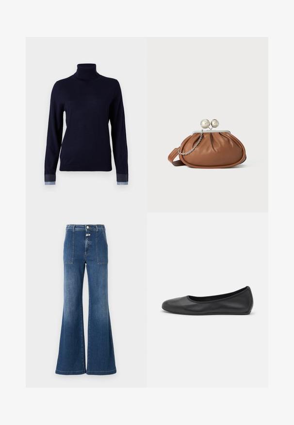 Marineblå turtleneck sweater i et blødt stof, med lange ærmer og denim-lignende detaljer ved manchetterne, med en tætsiddende design.; Høj talje flared jeans i mellemblå denim med en falmet finish. Har lomme med klap og knaplukning. Renset kant.; Sort læderballetsko med rund tå, glat tekstur, minimal syning og et fleksibelt såldesign.; Brun læder clutch-pung med sølv kugleklap og en lille sølv kædedetalje på en hvid baggrund.