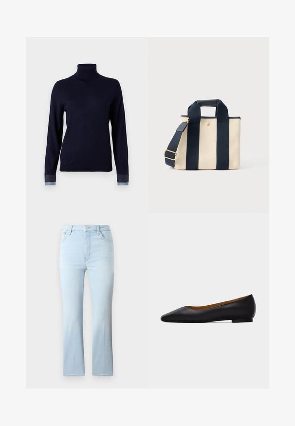 Marineblauwe coltrui van een zachte stof, met lange mouwen en denimachtige accenten bij de manchetten, met een getailleerd ontwerp.; FRAME THE REBOOT CROP - Bootcut jeans - light blue; Zwarte leren puntschoen met lage hak en gladde afwerking, zijaanzicht op een lichtgrijze achtergrond.; Kleine beige canvas draagtas met twee brede zwarte verticale banden, een kort handvat en een verstelbare schouderriem met een gouden gesp.