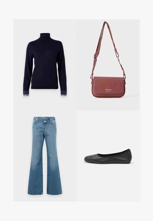 Marineblå turtleneck sweater i et blødt stof, med lange ærmer og denim-lignende detaljer ved manchetterne, med en tætsiddende design.; Lyseblå denim flarebukser med medium talje, der har frontlommer, én knaplukning og subtile slidser.; Sort læderballetsko med rund tå, glat tekstur, minimal syning og et fleksibelt såldesign.; Lille tekstureret mauve læder crossbody taske med justerbar rem og klaplukning med prægget sølv brandlogo.