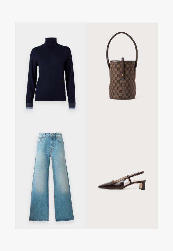 Pull à col roulé bleu marine en tissu doux, avec des manches longues et des accents inspirés du denim aux poignets, avec une coupe ajustée.; Jean large en denim bleu clair avec taille haute, design à cinq poches et décoloration subtile le long des cuisses. Détails en métal couleur cuivre.; Chaussure slingback en cuir marron foncé à texture crocodile, bout pointu, talon bas bloc et bride ajustable avec boucle dorée.; Sac seau marron avec motif géométrique foncé, garniture en cuir foncé, une seule anse supérieure et fermoir à clapet doré sur la sangle avant.