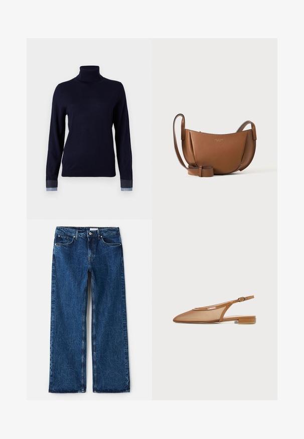 Pull à col roulé bleu marine en tissu doux, avec des manches longues et des accents inspirés du denim aux poignets, avec une coupe ajustée.; Jean large en denim bleu foncé avec une finition texturée, comportant cinq poches, des rivets en métal et une fermeture à bouton.; Chaussure plate à bride arrière marron avec bout pointu, fine bride avec boucle et petit talon bloc sur fond blanc.; Sac bandoulière en cuir marron avec forme courbée, bandoulière réglable et logo de marque embossé doré minimaliste sur le devant, sur fond uni.