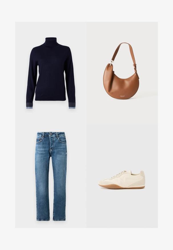 Marineblå turtleneck sweater i et blødt stof, med lange ærmer og denim-lignende detaljer ved manchetterne, med en tætsiddende design.; Herre blå denim jeans med lige pasform, fem lommer og knaplukning. Har let falmning og syet detaljer.; Lyse beige sneakers med en tekstureret læderoverdel, teksturerede sider og en gummisål. Har et slankt, strømlinet design og flade snørebånd.; Brun læder skuldertaske formet som en halvmåne med justerbar rem og lille sølv logo tekst i bunden midt.
