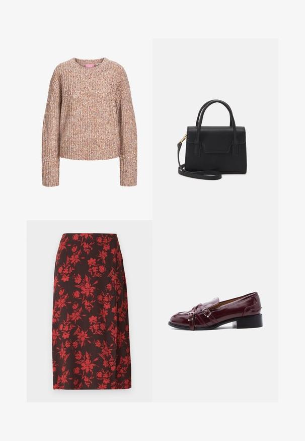 Chunky striktrøje i nuancer af beige og lys brun, med rund halsudskæring og lange ærmer med en tekstureret finish.; Anna Field MIDI SPLIT - Pencil skirt - red/brown; Burgunderrød laksko med dobbelt sølvspænderem og lav sort hæl på hvid baggrund.; Sort struktureret håndtaske lavet af læder med et topgreb, aftagelig skulderrem og detalje med frontklap. Guldhardware accenter.