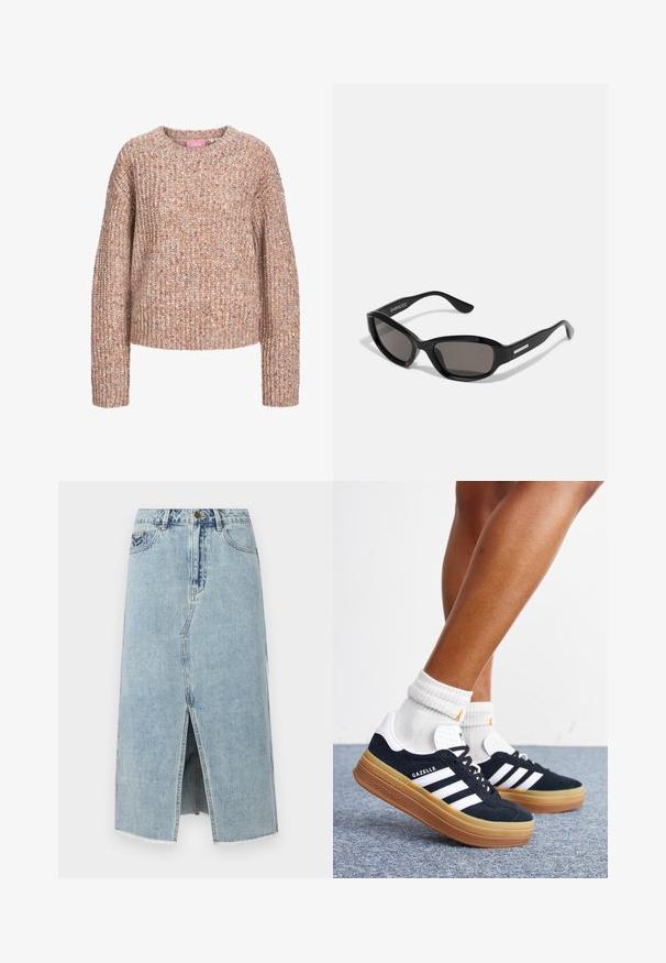 Chunky striktrøje i nuancer af beige og lys brun, med rund halsudskæring og lange ærmer med en tekstureret finish.; Lysblå denimskørt med en frontslids, frynset kant, fem lommer og en knaplukning i taljen. Klassisk lige snit design.; Ben iført hvide sokker og sorte Adidas Gazelle sneakers med hvide striber og tykke brune såler på et gråt tæppe.; Sorte solbriller med rektangulært stel, mørke linser, glat plastmateriale og en metalaccent på templet.