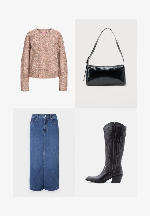 Chunky striktrøje i nuancer af beige og lys brun, med rund halsudskæring og lange ærmer med en tekstureret finish.; Mørkeblå denim maxiskørt med lige snit, talje med knaplukning og minimale syninger.; Sorte cowboystøvler i læder med spids tå, synlige sømme, sølvfarvede nitte-detaljer og lynlås på den indvendige side.; Sort rektangulær skuldertaske med en enkelt justerbar rem og lynlås i toppen på en ensfarvet baggrund.