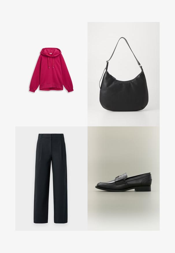 Sweat-shirt à capuche fuchsia avec des manches raglan, présentant des cordons de serrage, des poignets côtelés et une texture unie. Aucun logo ou motif visible.; Pantalon noir ajusté avec une coupe droite, présentant des plis avant, une texture lisse et des passants de ceinture. Pas de poches visibles.; Mocassin homme en cuir noir avec un petit talon et un détail de bride, présenté de profil sur un fond neutre.; Sac hobo noir en matériau lisse et durable. Comprend une seule sangle réglable et un logo embossé subtil à l'avant.