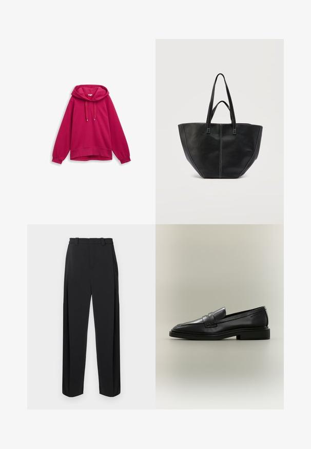 Sweat-shirt à capuche fuchsia avec des manches raglan, présentant des cordons de serrage, des poignets côtelés et une texture unie. Aucun logo ou motif visible.; Pantalon noir à taille haute, devant plissé, jambes droites. Confectionné dans un tissu lisse, avec passants de ceinture et poches latérales.; Mocassin penny en cuir noir avec petit talon, bout arrondi et détails cousus sur fond neutre.; Sac fourre-tout en cuir noir avec deux poignées et des coutures blanches contrastantes, présentant une forme large et structurée avec des détails de coutures centrales.