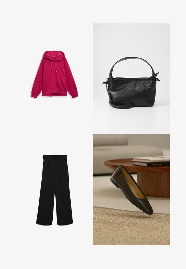 Sweat-shirt à capuche fuchsia avec des manches raglan, présentant des cordons de serrage, des poignets côtelés et une texture unie. Aucun logo ou motif visible.; Pantalon noir à jambes larges avec une taille haute, doté de deux boutons à l'avant et d'une texture lisse. Coupe droite avec des plis à l'avant.; Chaussure plate en cuir noir avec bout carré arrondi sur un tapis tissé beige, avec une table basse en bois et des livres empilés en arrière-plan.; Sac à main en cuir noir au design structuré, avec une poignée arrondie et une bandoulière amovible. Présente une texture lisse et un éclat subtil.